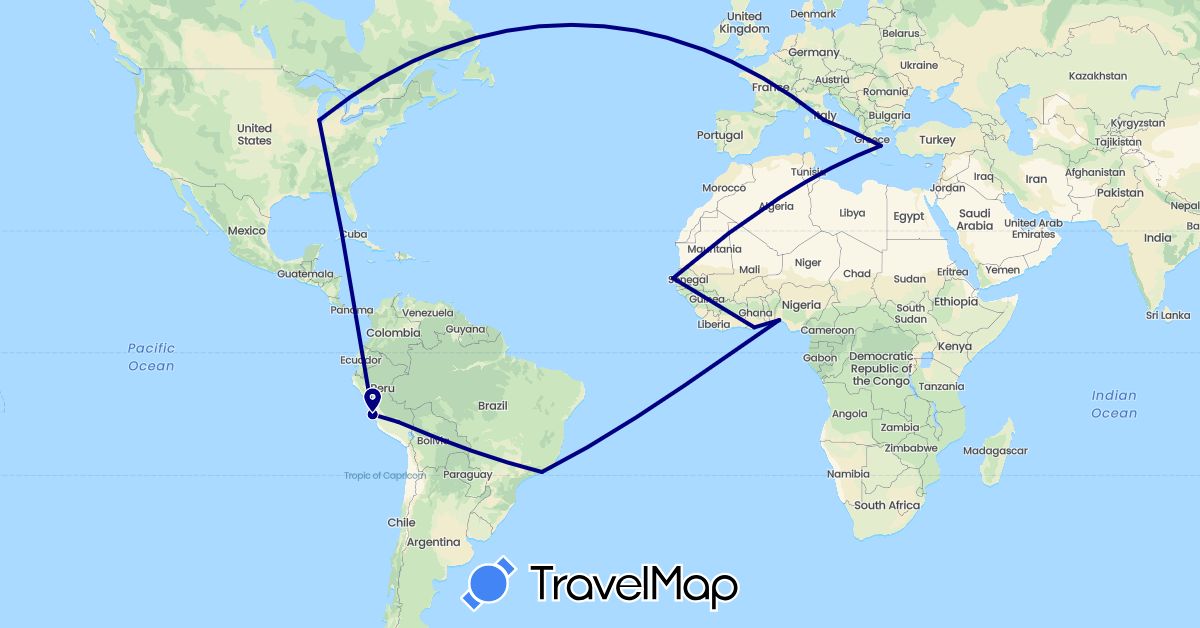 TravelMap itinerary: driving in Brazil, Ghana, Greece, Italy, Nigeria, Peru, Senegal, United States (Africa, Europe, North America, South America)